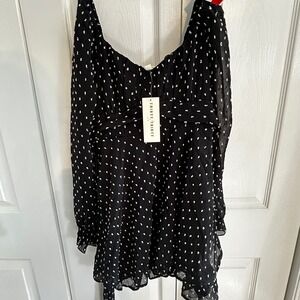 THIRTYTHIRTY Black White Polka Dot Ruffle Tie Front Mini Dress M‎